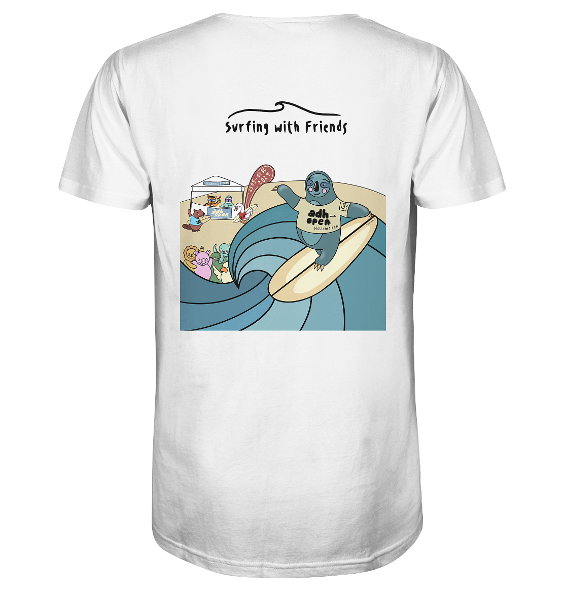 Das Contest Tee, Rückseite mit Fauli beim Surf-Contest